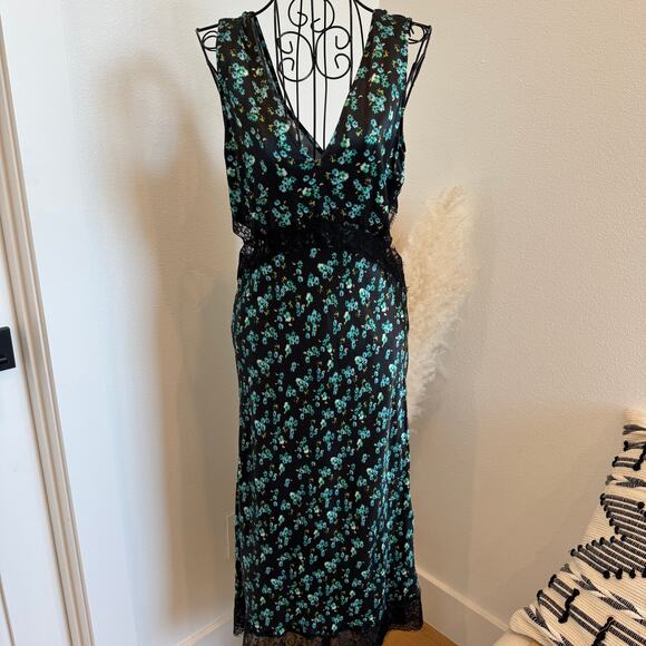 Rails Pandora Mint Floral Satin Crepe Midi Cut Out Lace Trim Dress Small - Picture 4 of 15